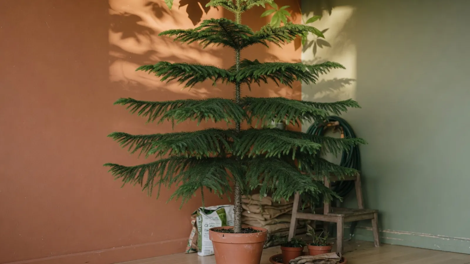 A healthy Norfolk Island pine with symmetrical branches and dark green needle-like foliage in a bright indoor setting.