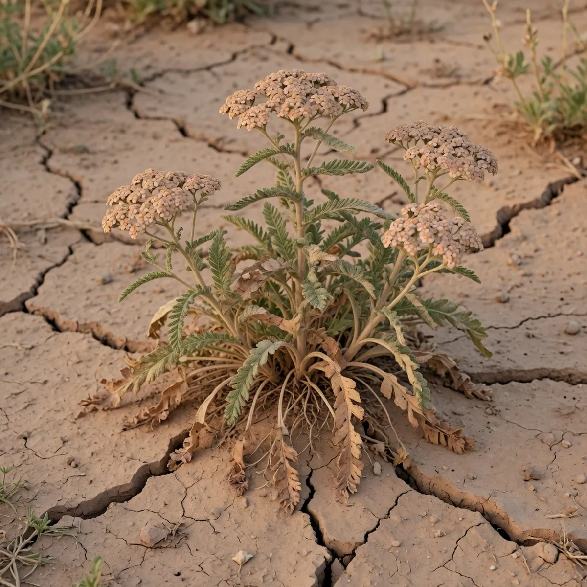 A yarrow plant showing signs of drought stress with wilting leaves and dry soil.