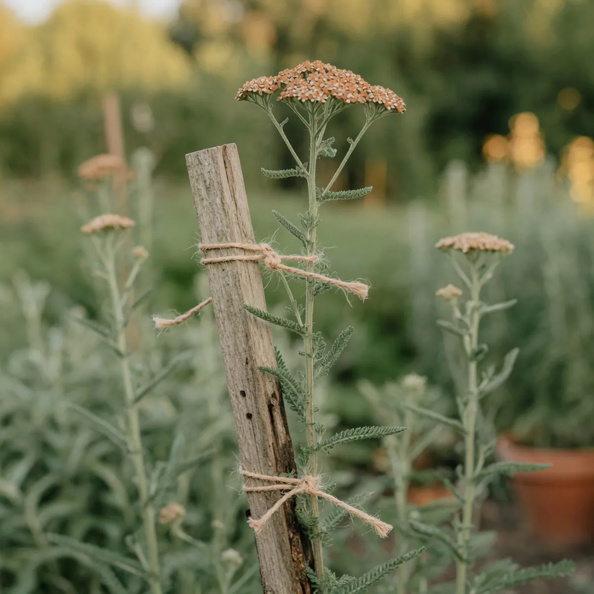 A tall yarrow stem supported by a wooden stake and natural twine.
