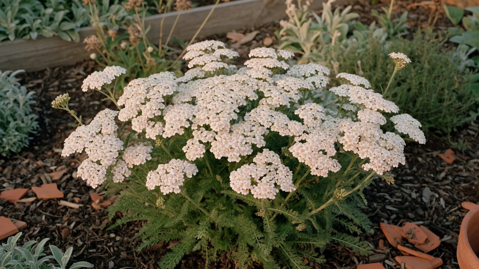 A flat cluster of white and pink yarrow flowers with feathery leaves in a garden.