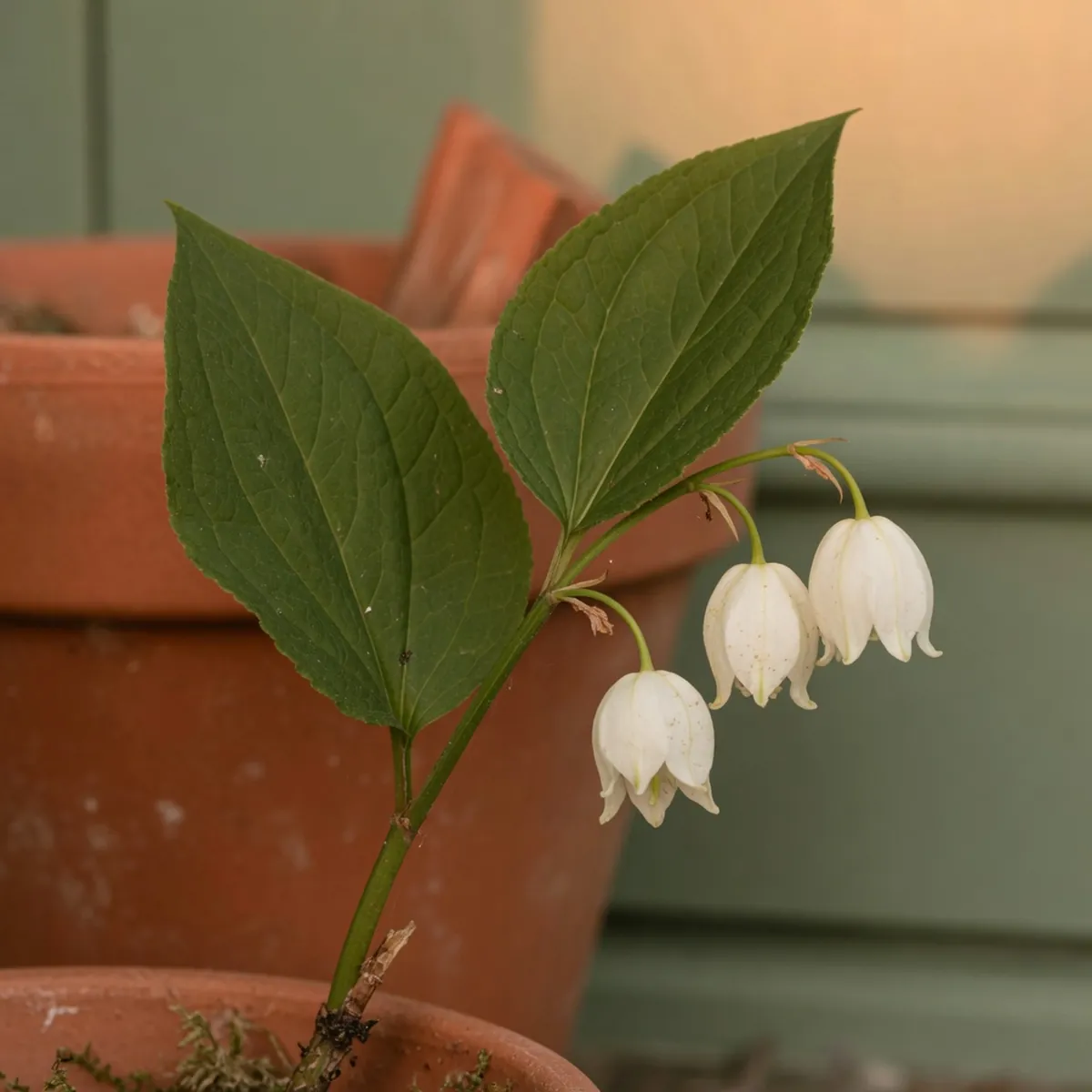 A close-up view of two to three rich green leaves emerging from a single stem alongside drooping white bell flowers