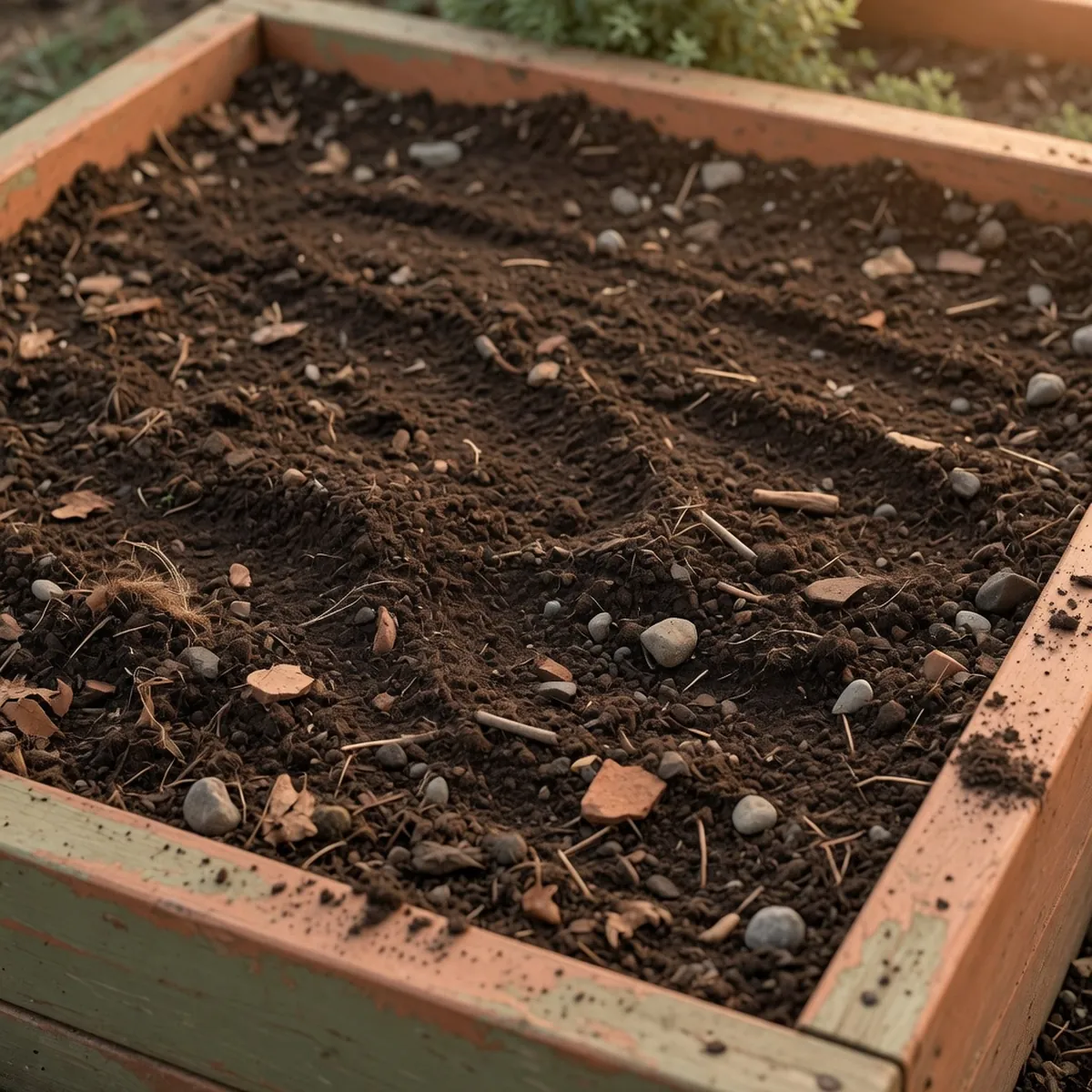Dark, rich loamy soil with visible organic matter and small stones, prepared in a shallow planting bed