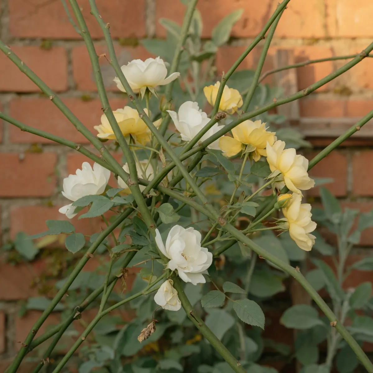 Smooth thornless stems of a Lady Banks' rose supporting clusters of small yellow and white flowers.