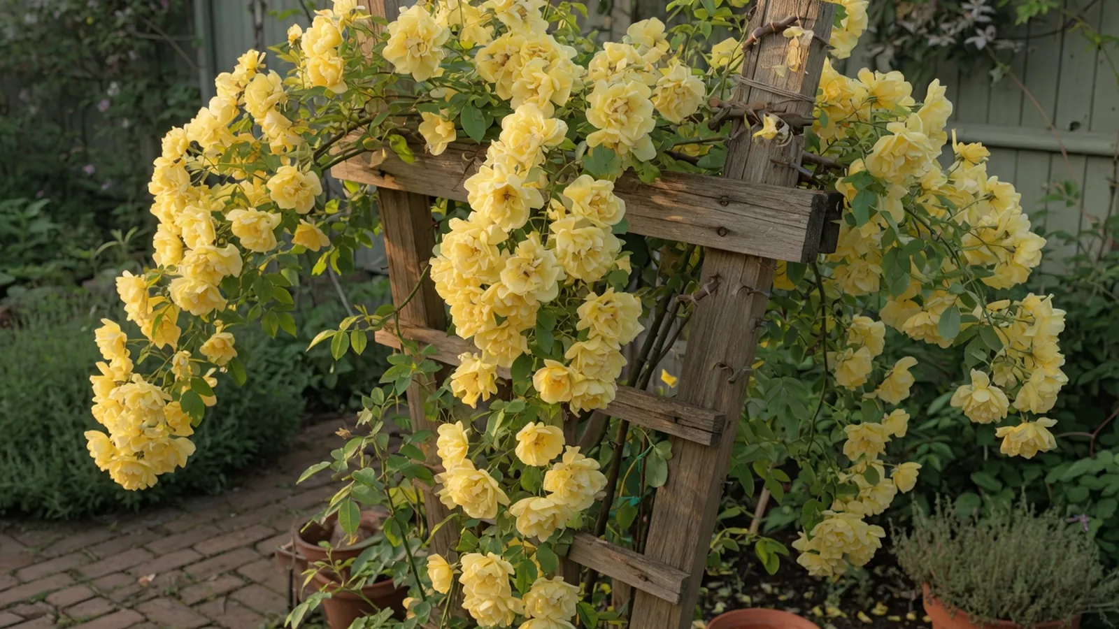 Bright yellow double flowers of a Lady Banks' rose climbing over a wooden trellis in a sunlit garden.