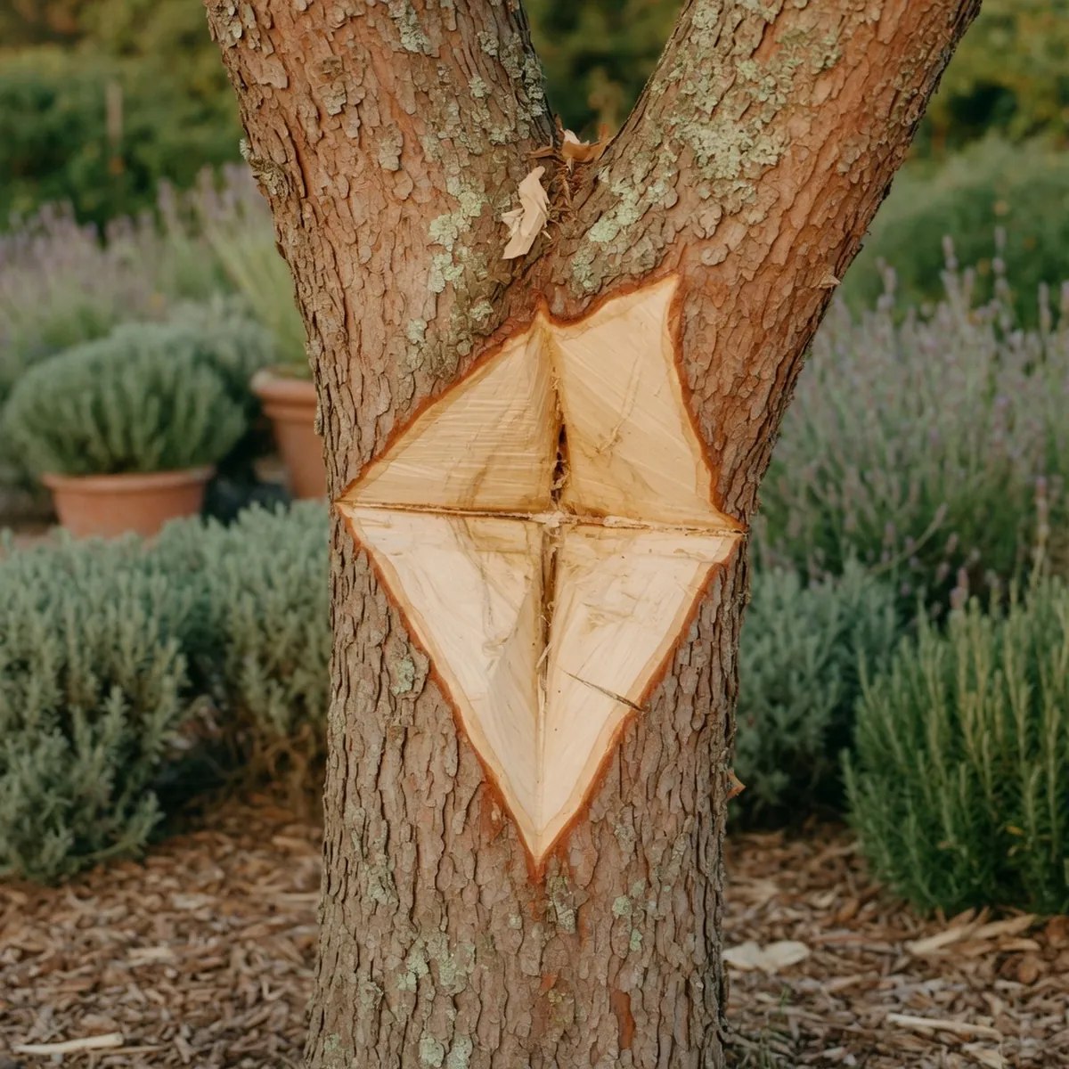 A V-shaped notch is cut into a tree trunk to guide its fall direction.