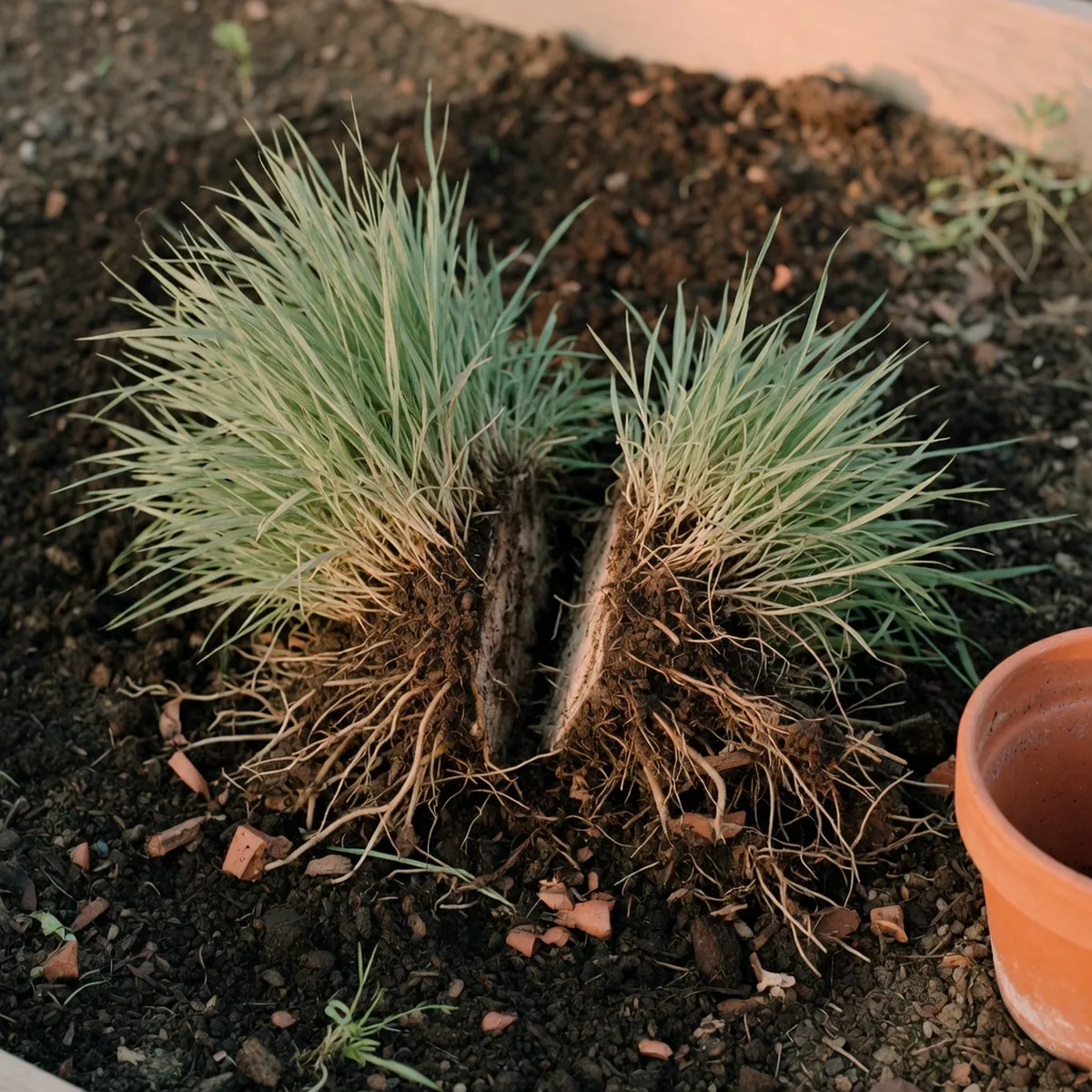 A divided ornamental grass clump with exposed roots and green blades resting on dark soil in a garden bed.