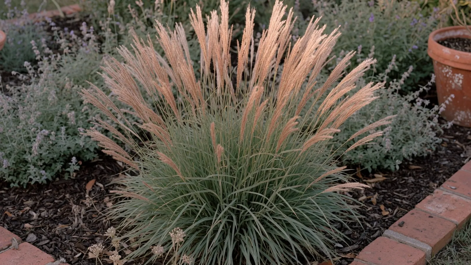 A healthy clump of ornamental grass with feathery plumes in a sunlit garden border.