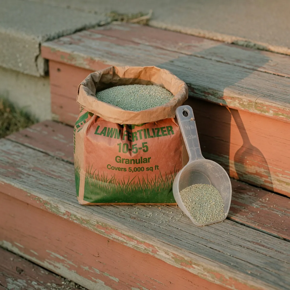 A bag of granular fertilizer and a measuring scoop rest on a wooden step.