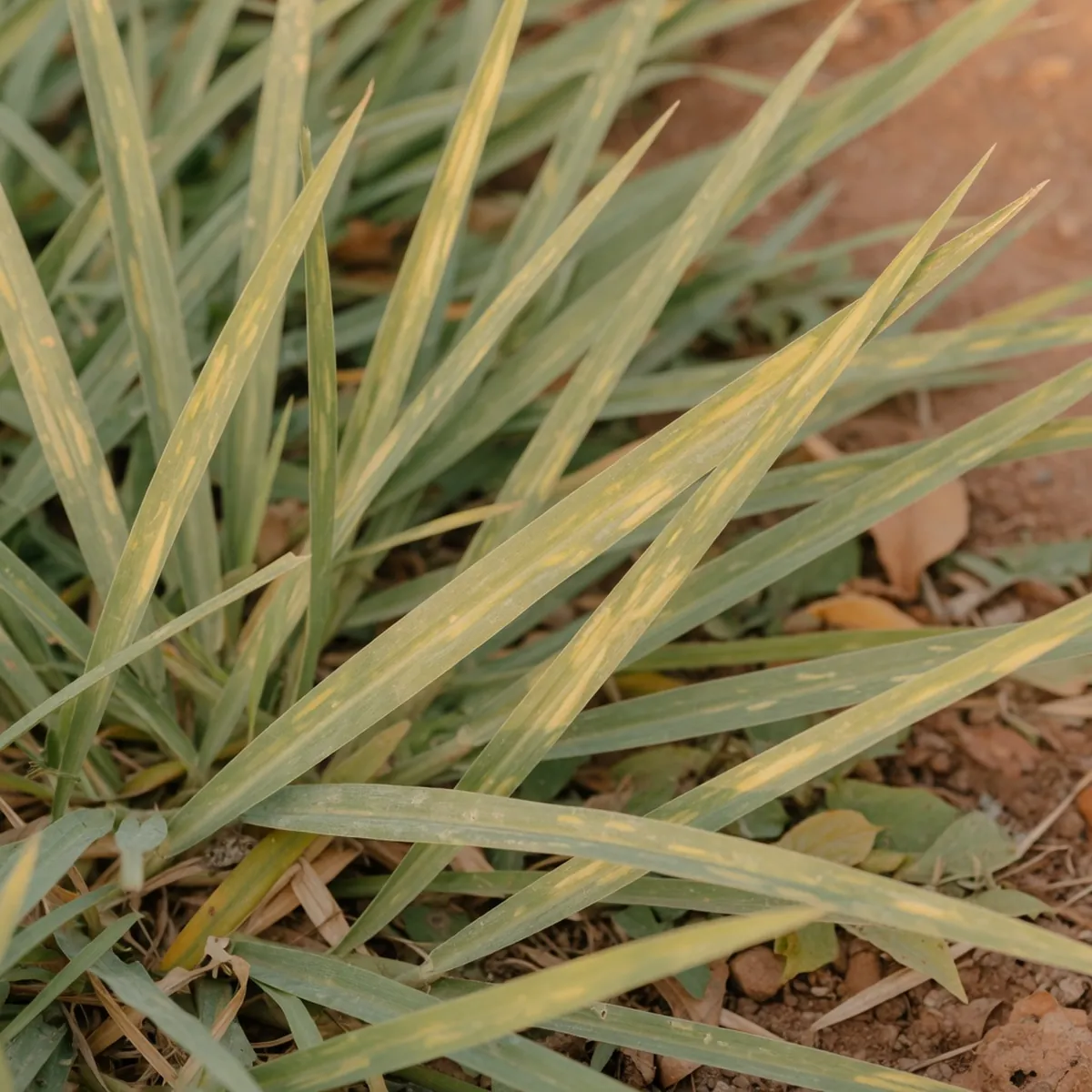 Centipedegrass blades show pale yellow coloration caused by a nutrient imbalance.