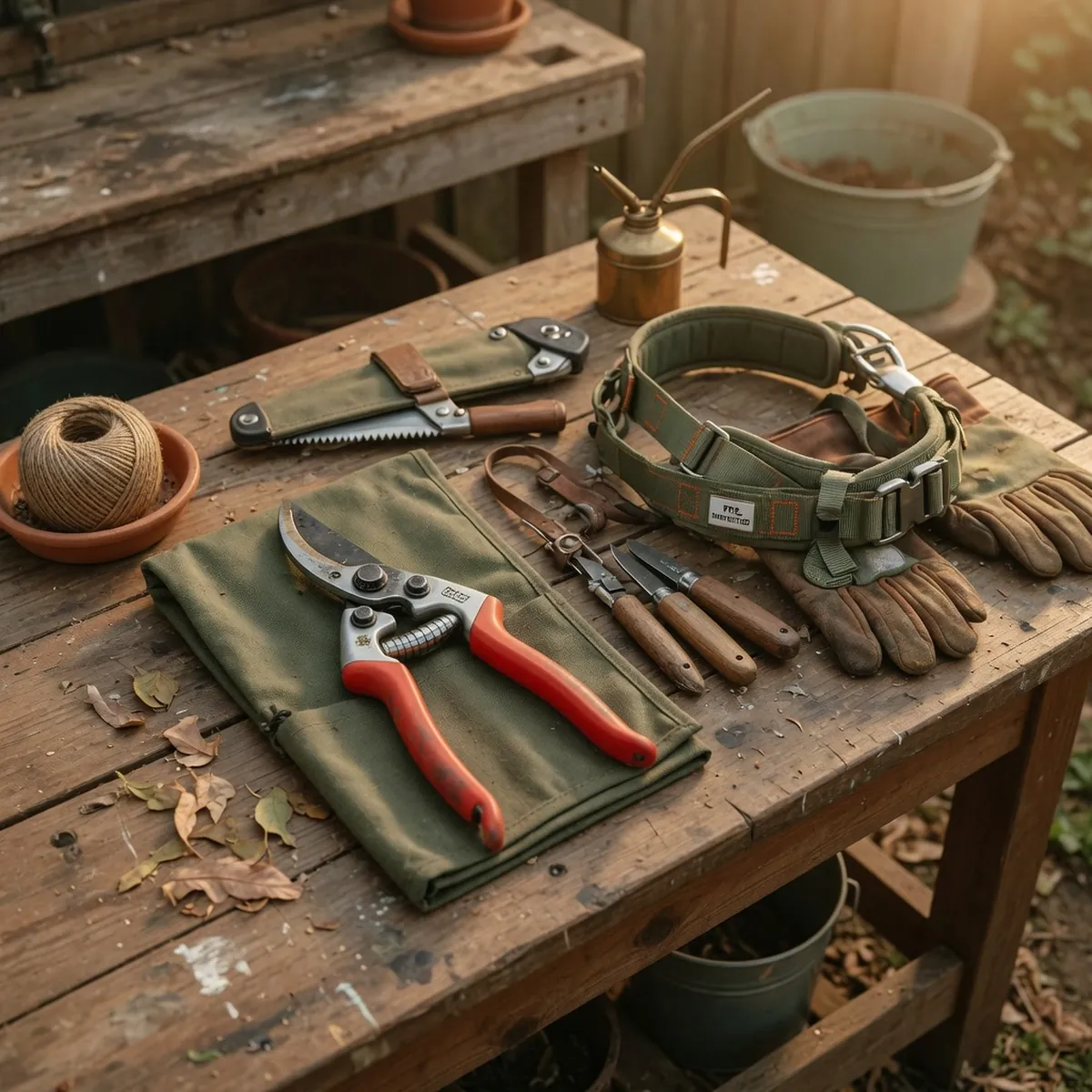 A set of professional arborist tools including pruning shears and a safety harness arranged on a wooden workbench.