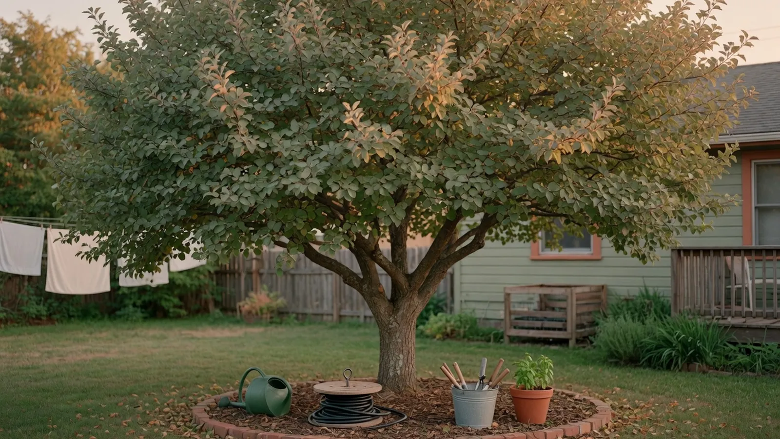A mature deciduous tree with a full, healthy canopy standing in a quiet residential backyard.