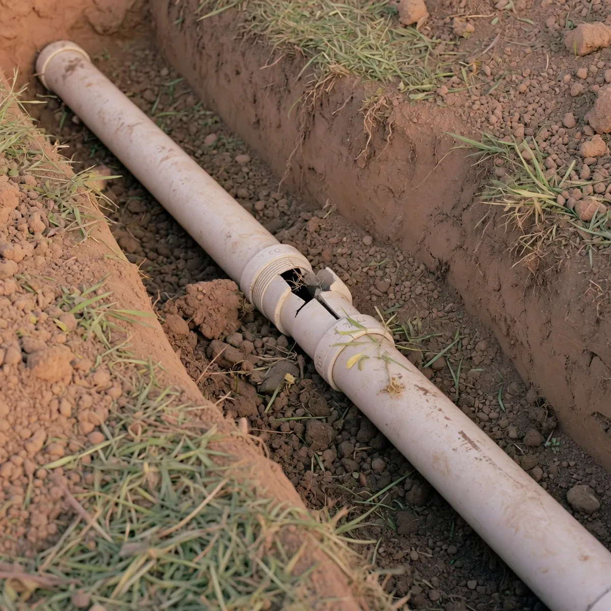Exposed PVC sprinkler pipe in a dug-out trench surrounded by loose soil and grass.