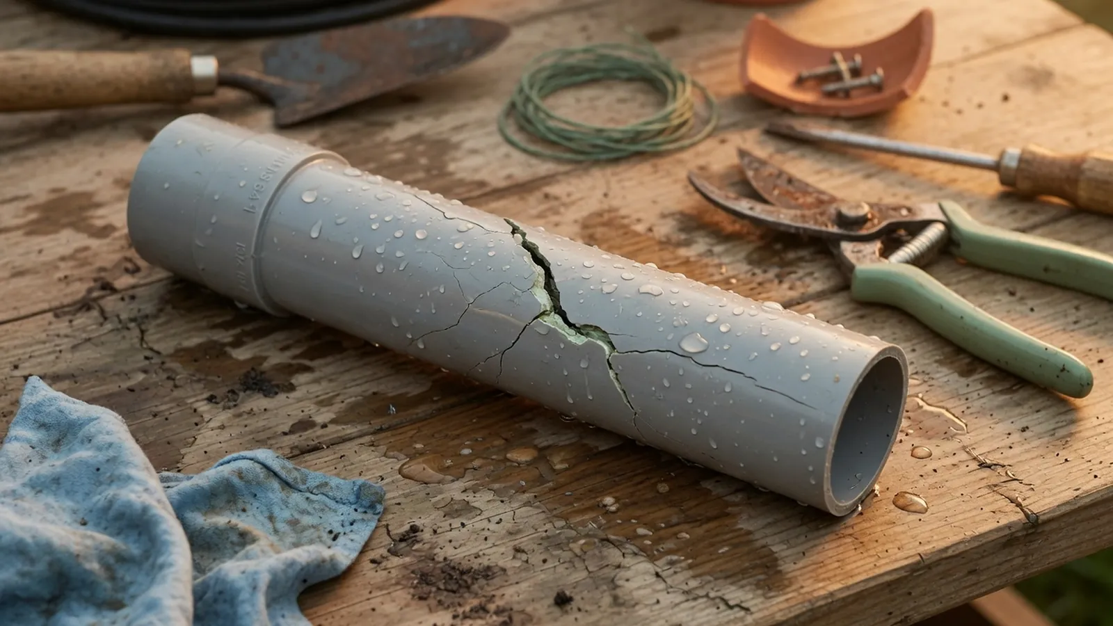 A cracked PVC sprinkler pipe segment resting on a workbench with water droplets on the surface.