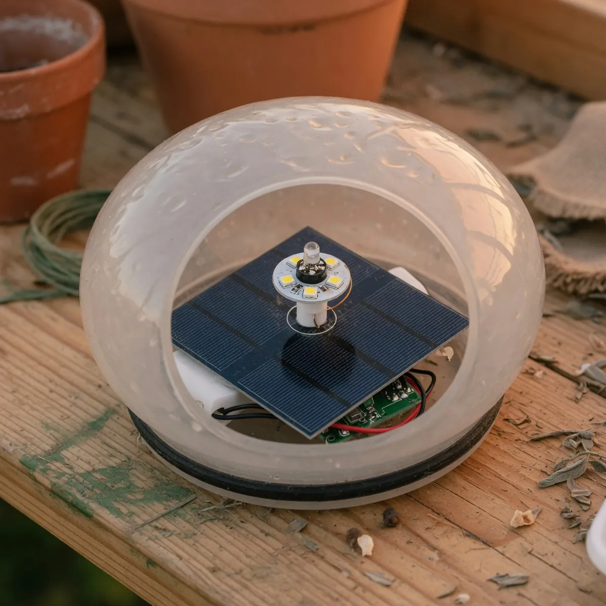 A detailed view of a solar light's glass casing revealing the internal photovoltaic cell and LED components.
