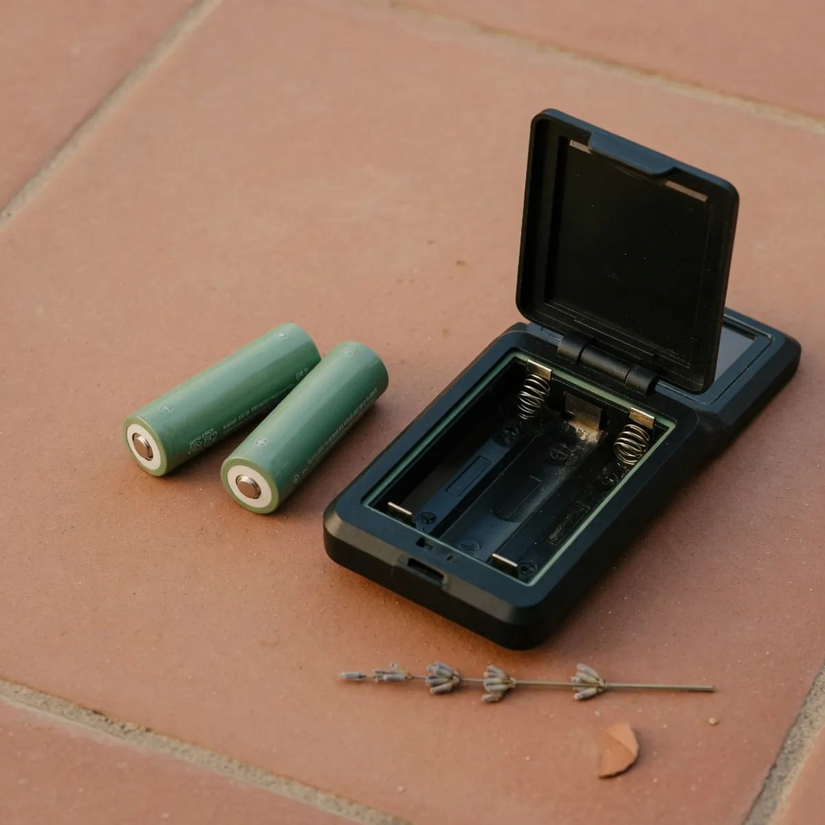 Two single AA NiCad rechargeable batteries placed beside an open solar light battery compartment on a clean patio surface.