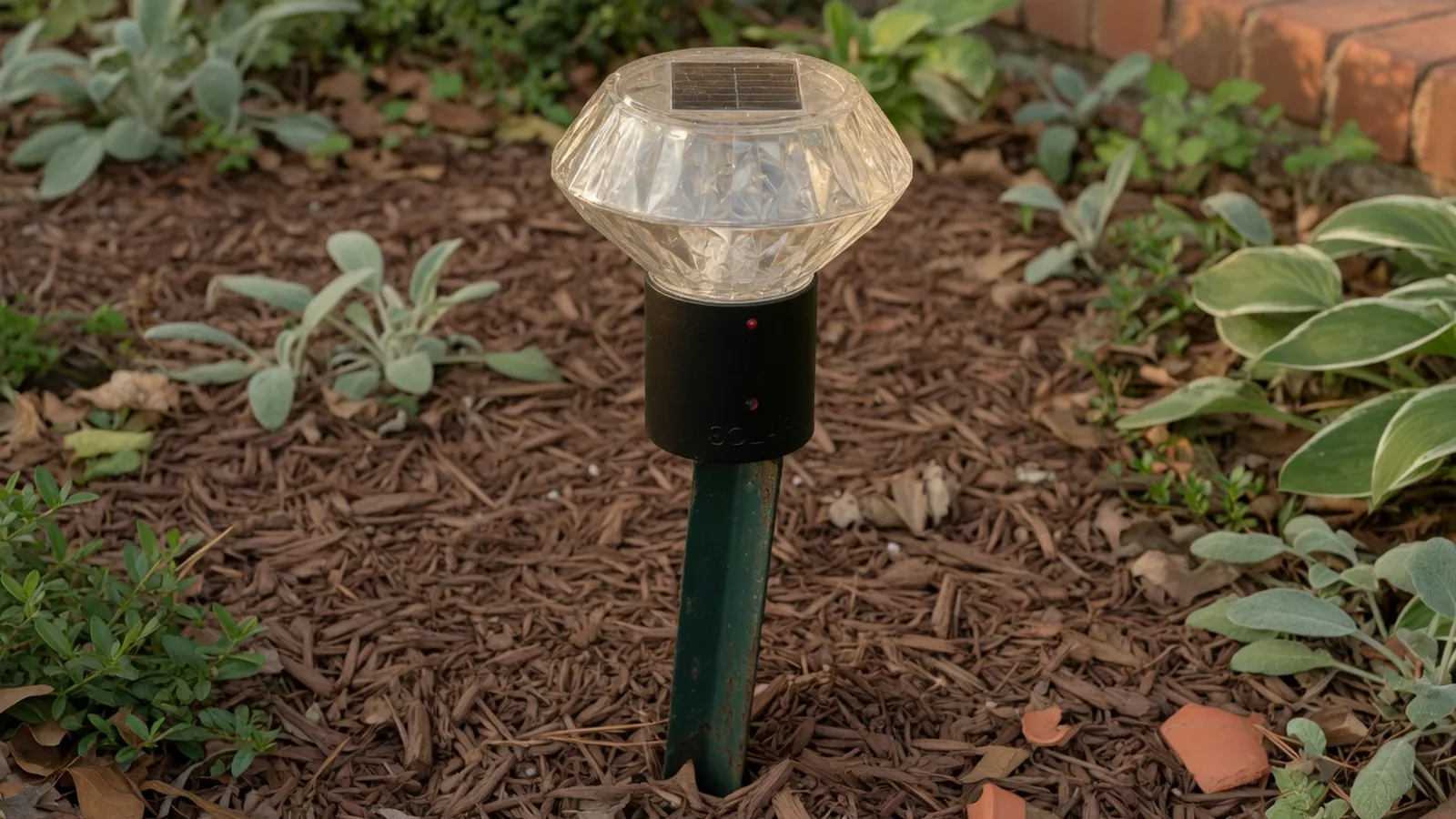 A solar garden light standing in a mulched flower bed surrounded by low green foliage.