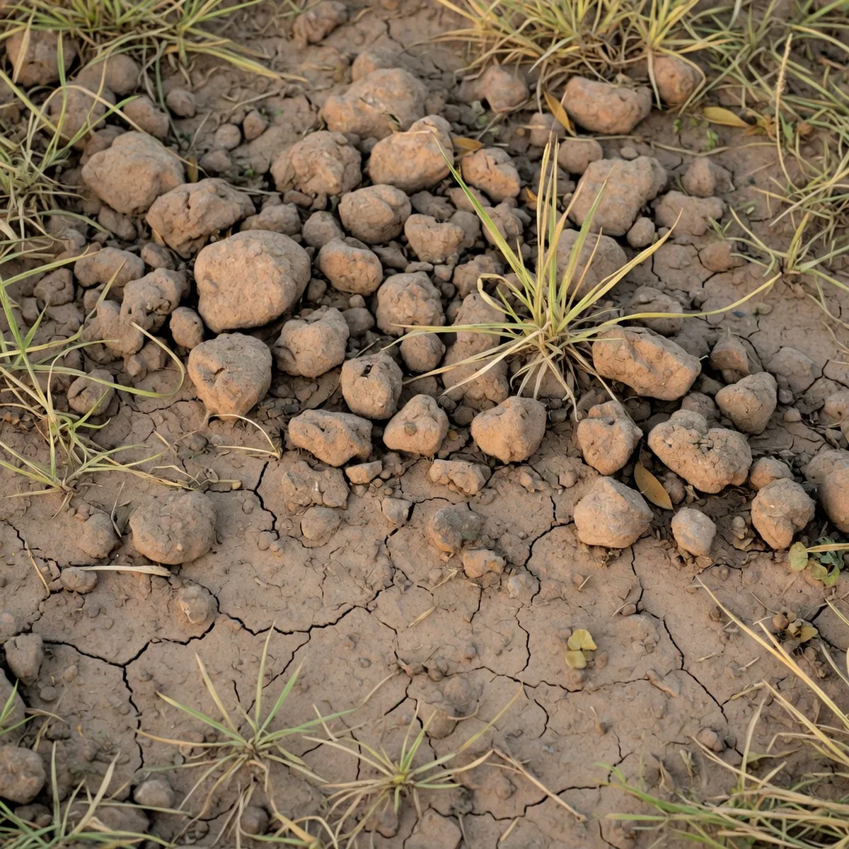 Compacted soil with sparse yellowing grass blades and visible hard clods in a backyard lawn.