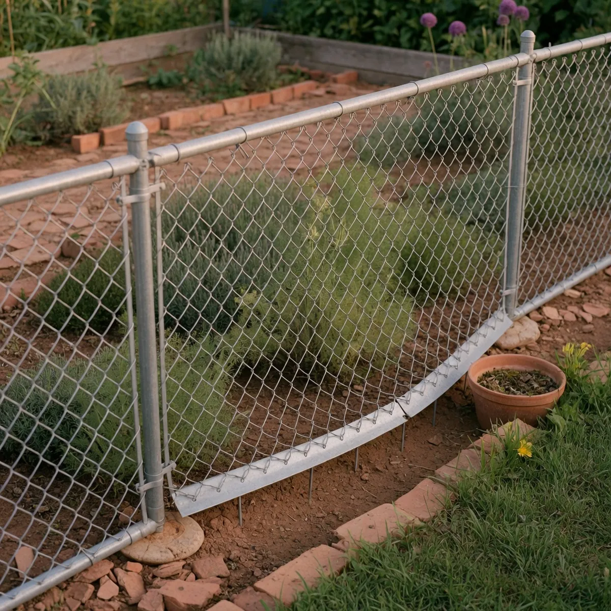 A metal chain-link fence with its lower section bent outward at a right angle.