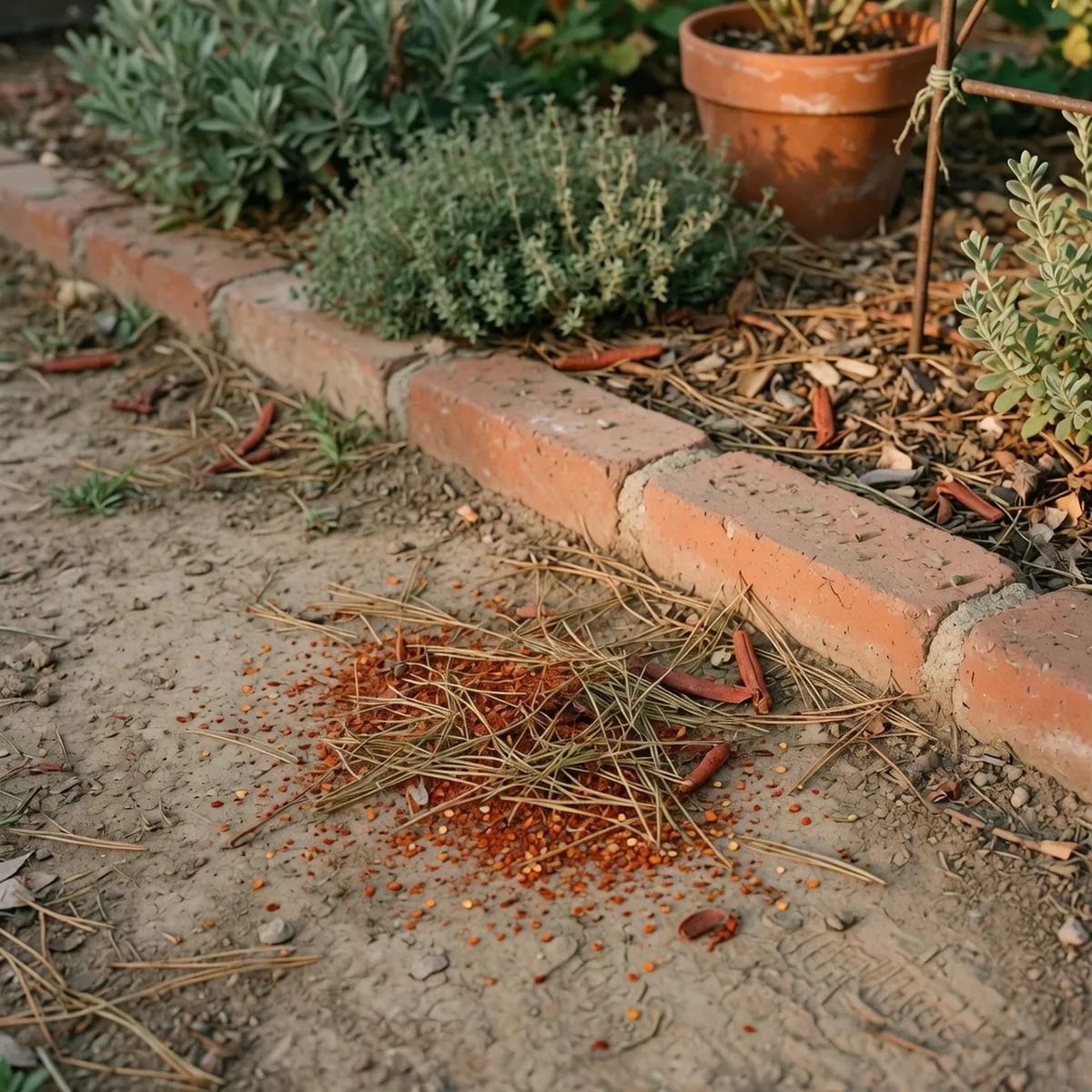A small pile of pine needles and cayenne pepper scattered near a garden bed entrance.
