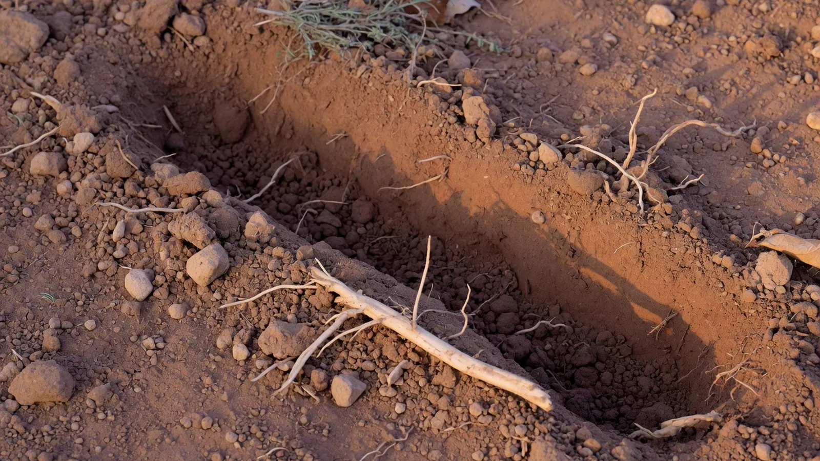 Disturbed garden soil showing a shallow digging trench and exposed plant roots.