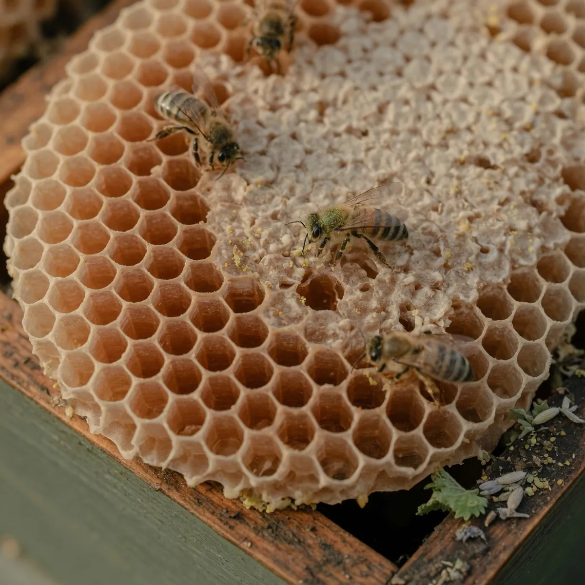 A detailed view of a wax honeycomb structure with bees crawling over the hexagonal cells.