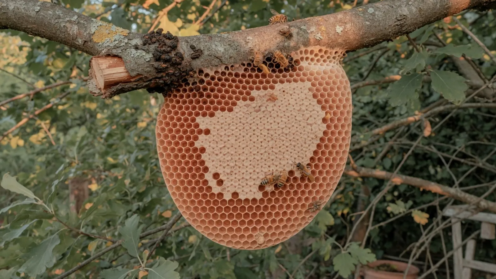 A honeycomb nest hanging from a tree branch with bees crawling over the wax cells.