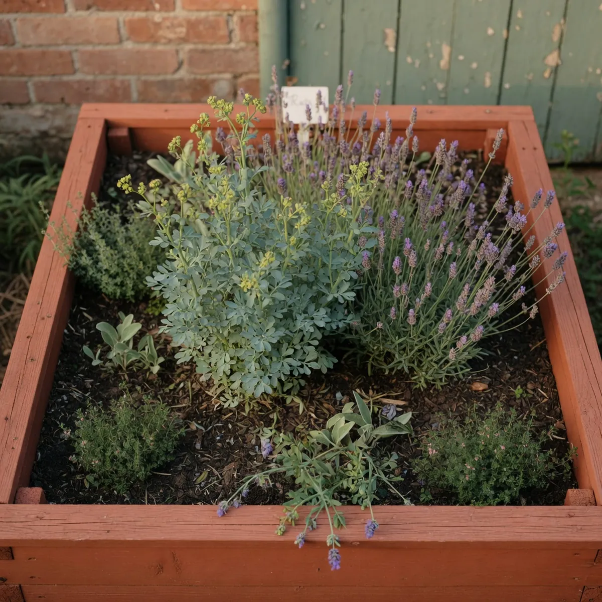 A healthy patch of aromatic cat-repelling herbs growing in a garden bed.