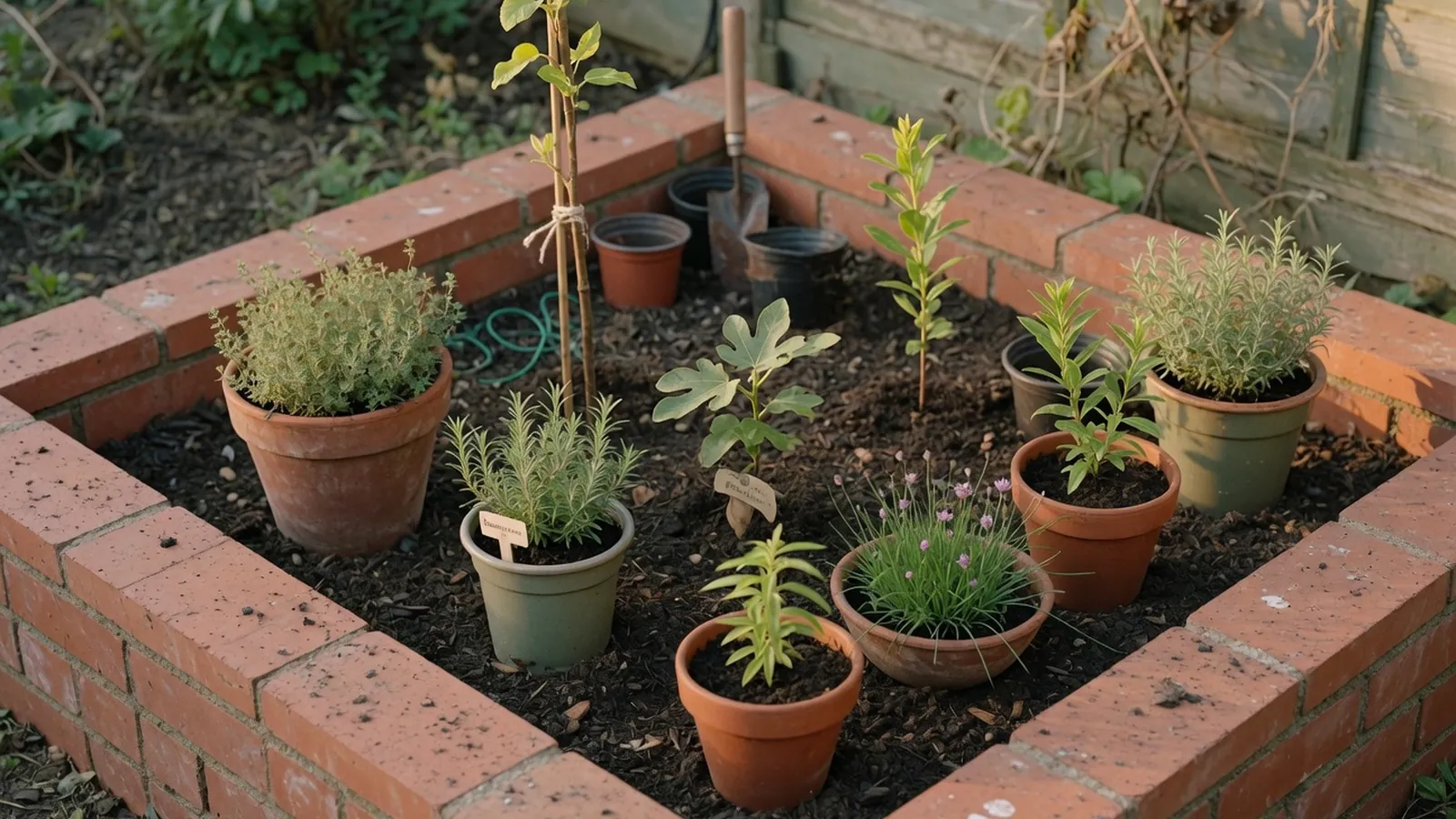 A well-tended garden bed featuring young saplings and potted herbs.
