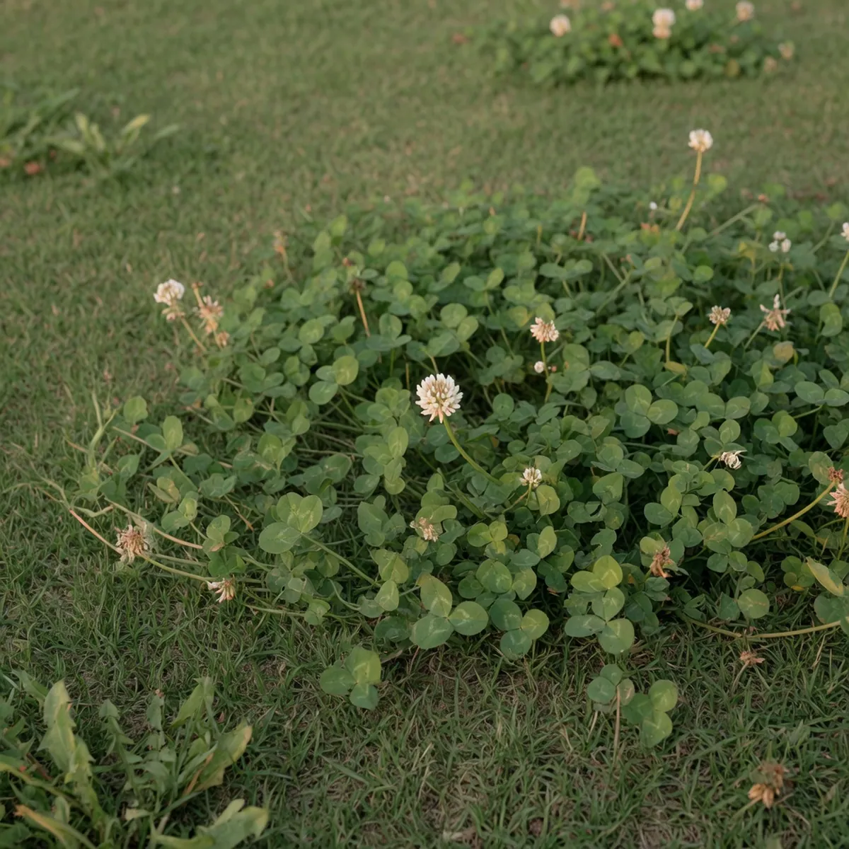 A close-up of a white clover plant showing its characteristic three-lobed leaves and small white flower head.
