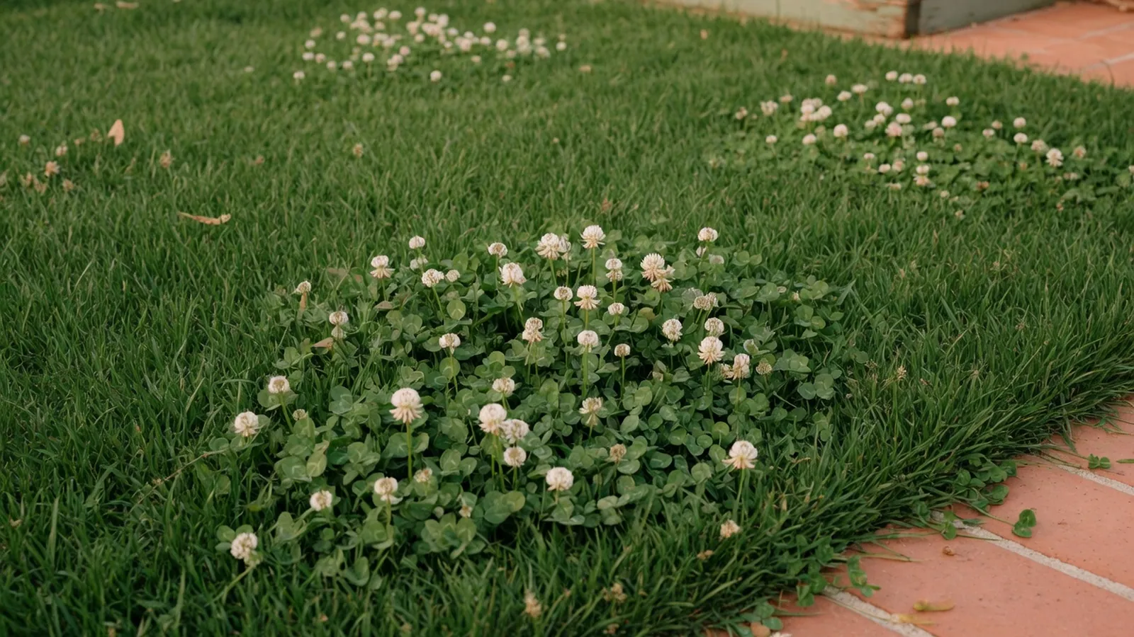 A healthy green lawn with patches of white clover weeds growing among the grass blades.
