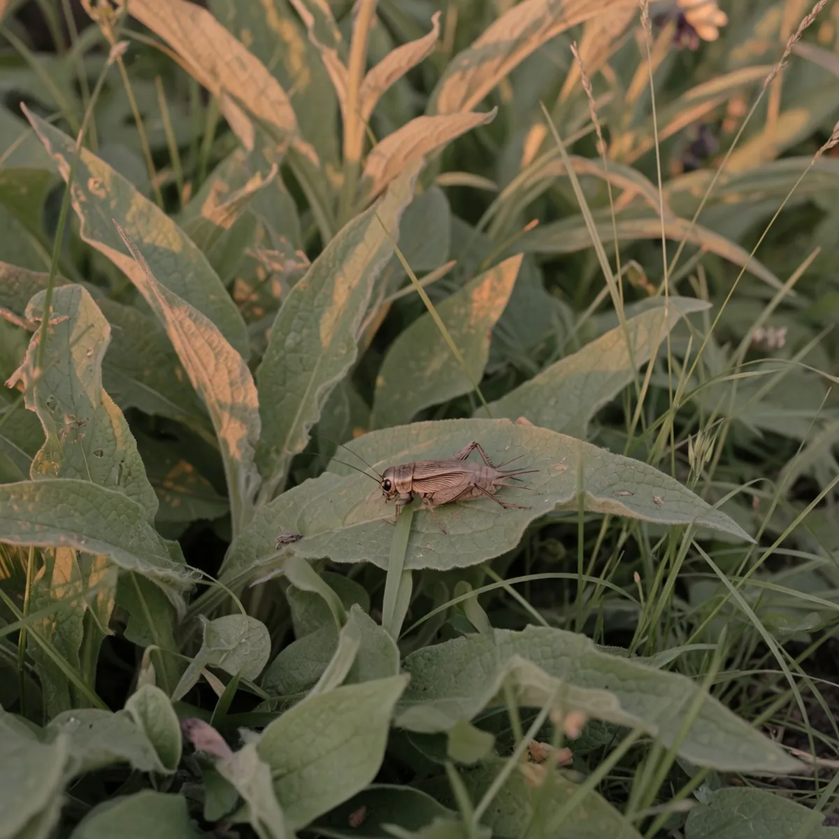 A cricket rests nestled among dense green foliage and tall grass.