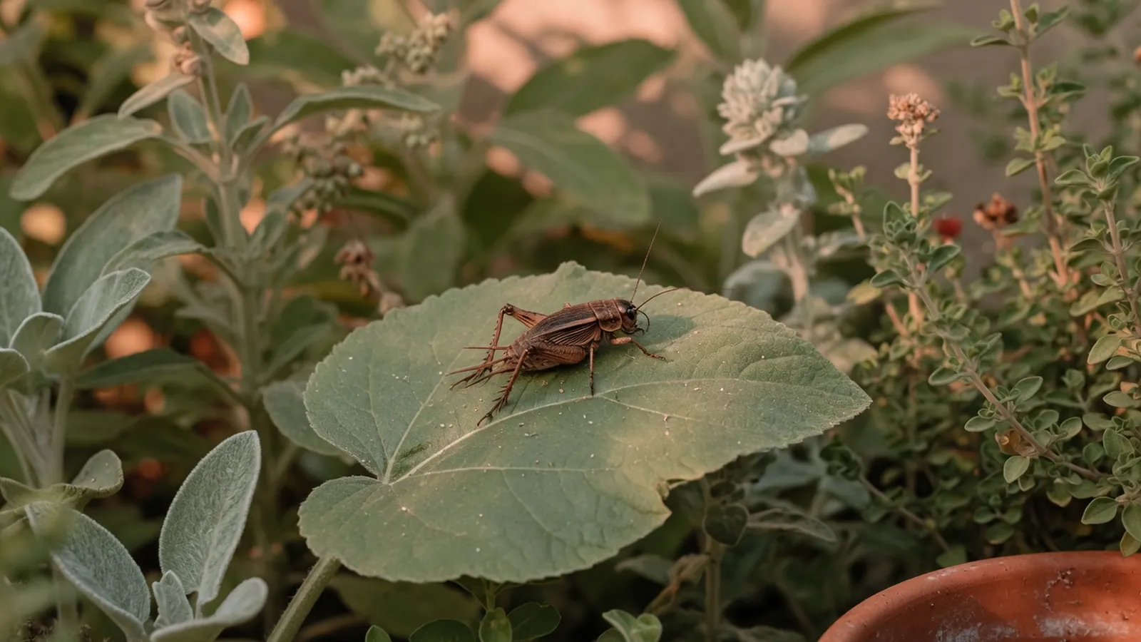 A brown field cricket rests on a broad green leaf in a summer garden.