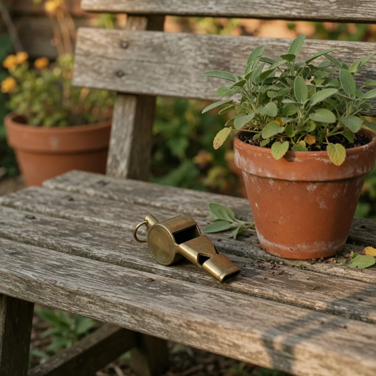 A small metal dog whistle resting on a wooden garden bench beside a potted plant.