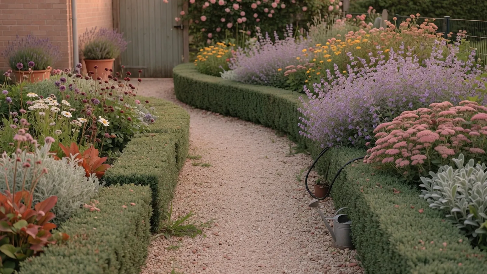 A quiet suburban garden path lined with boxwood hedges and blooming perennials.