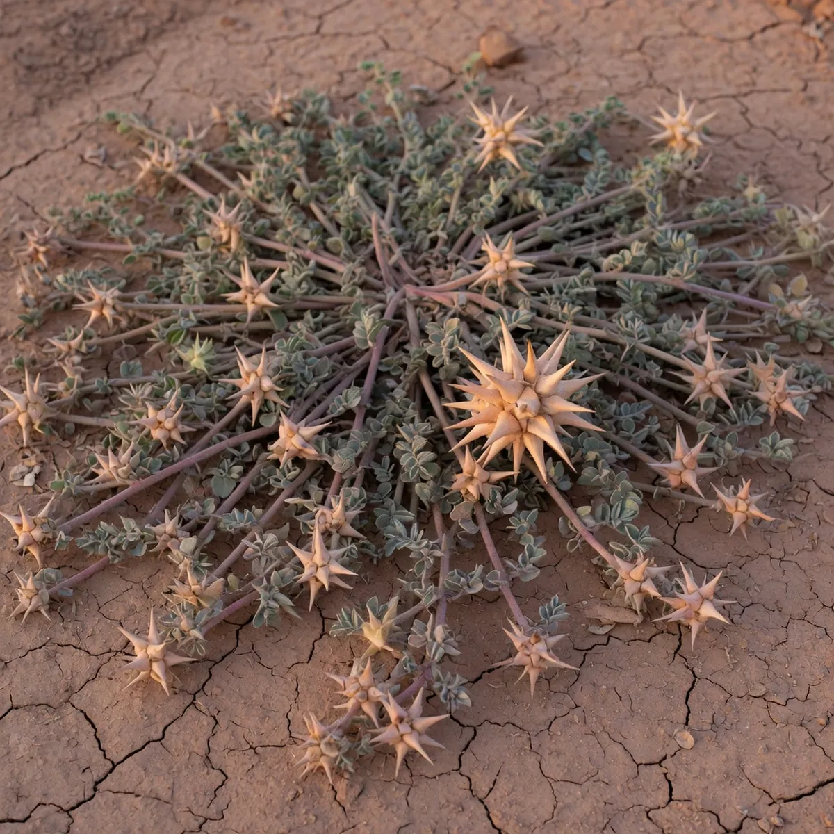 A close-up of a mature goathead plant showing its thick mat of stems and sharp, projecting spines on the fruit.