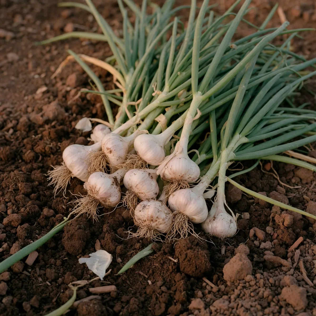 Fresh garlic bulbs and green onion stalks growing in garden soil to naturally repel gophers.