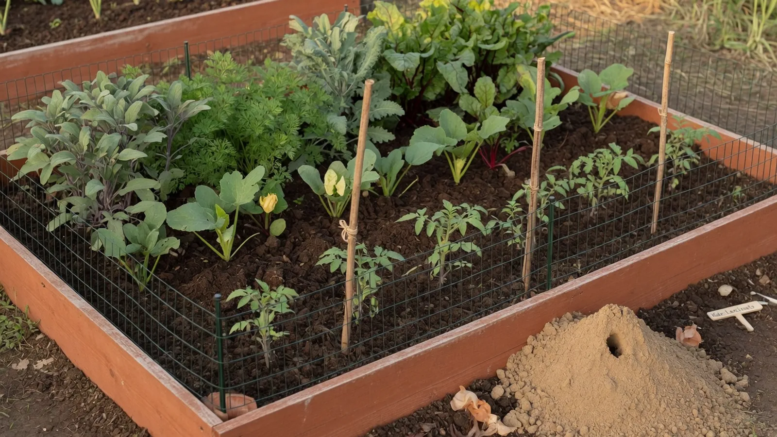 A healthy vegetable garden bed with a small gopher mound nearby, illustrating natural pest control.