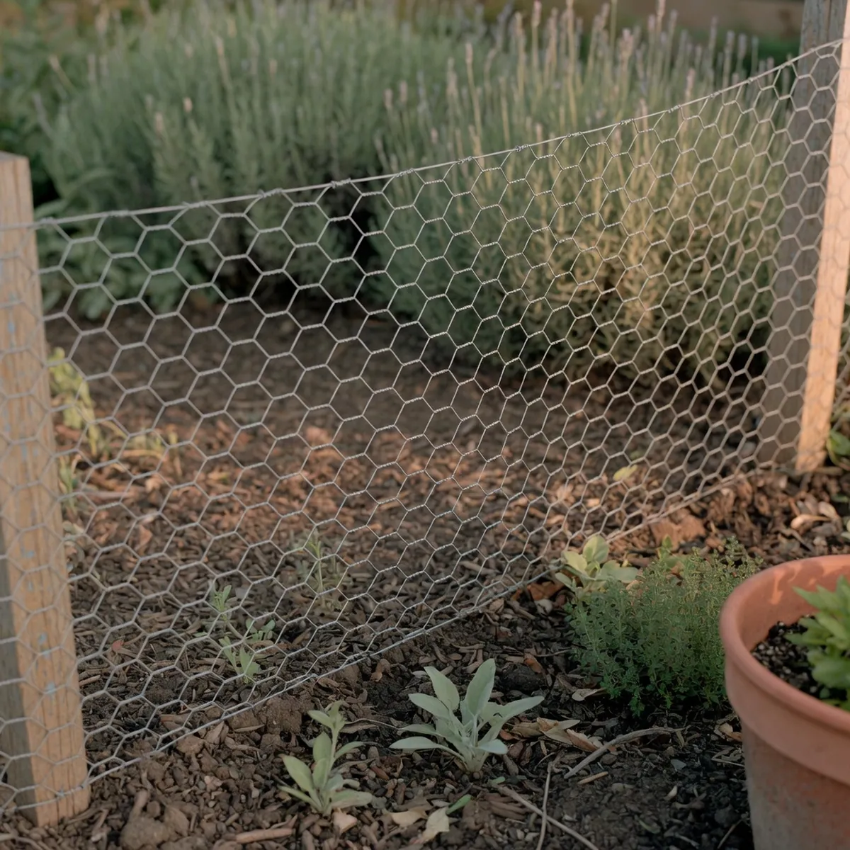 A section of galvanized chicken wire fence is installed along a garden border with soil visible at the base.
