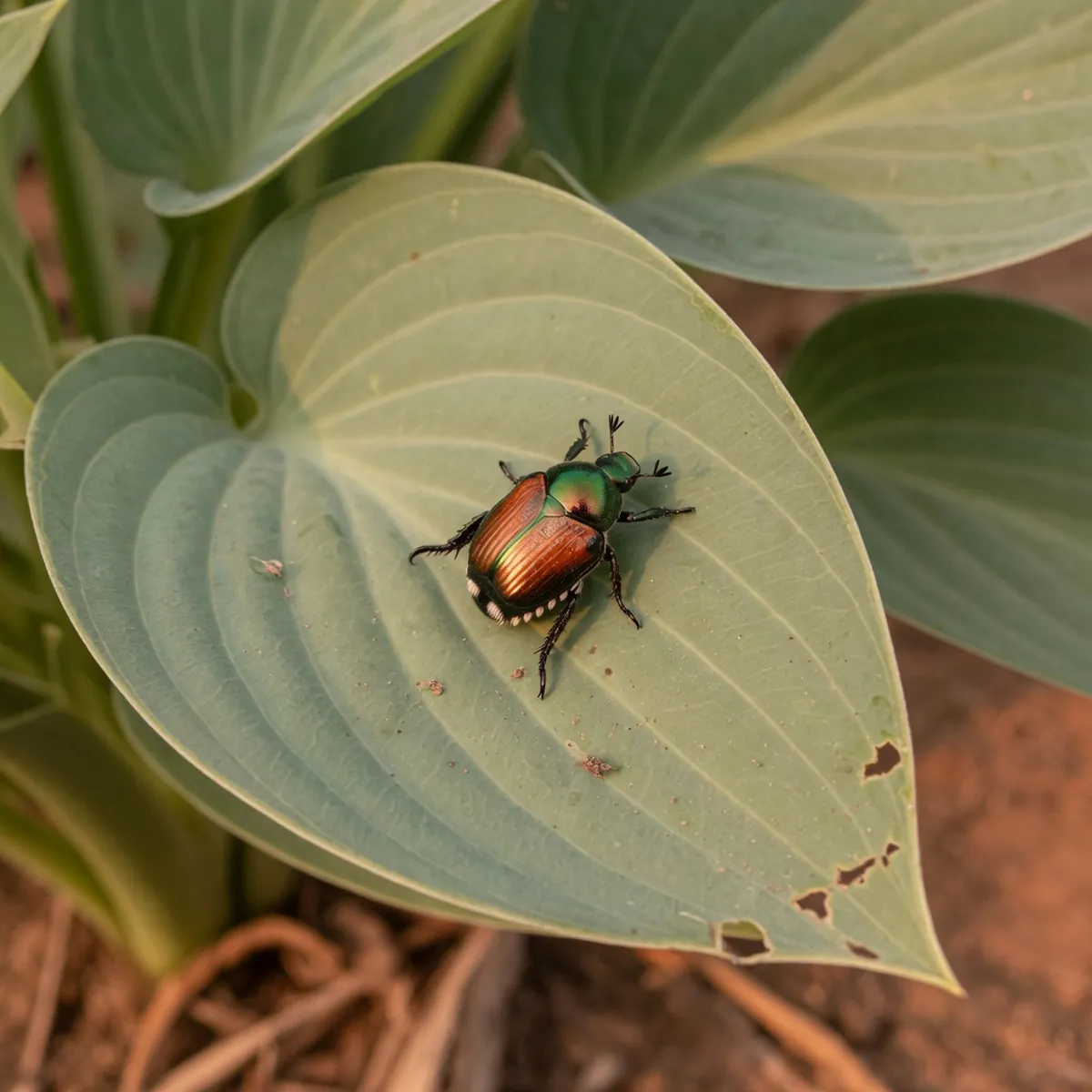 A single Japanese beetle resting on a broad green leaf.