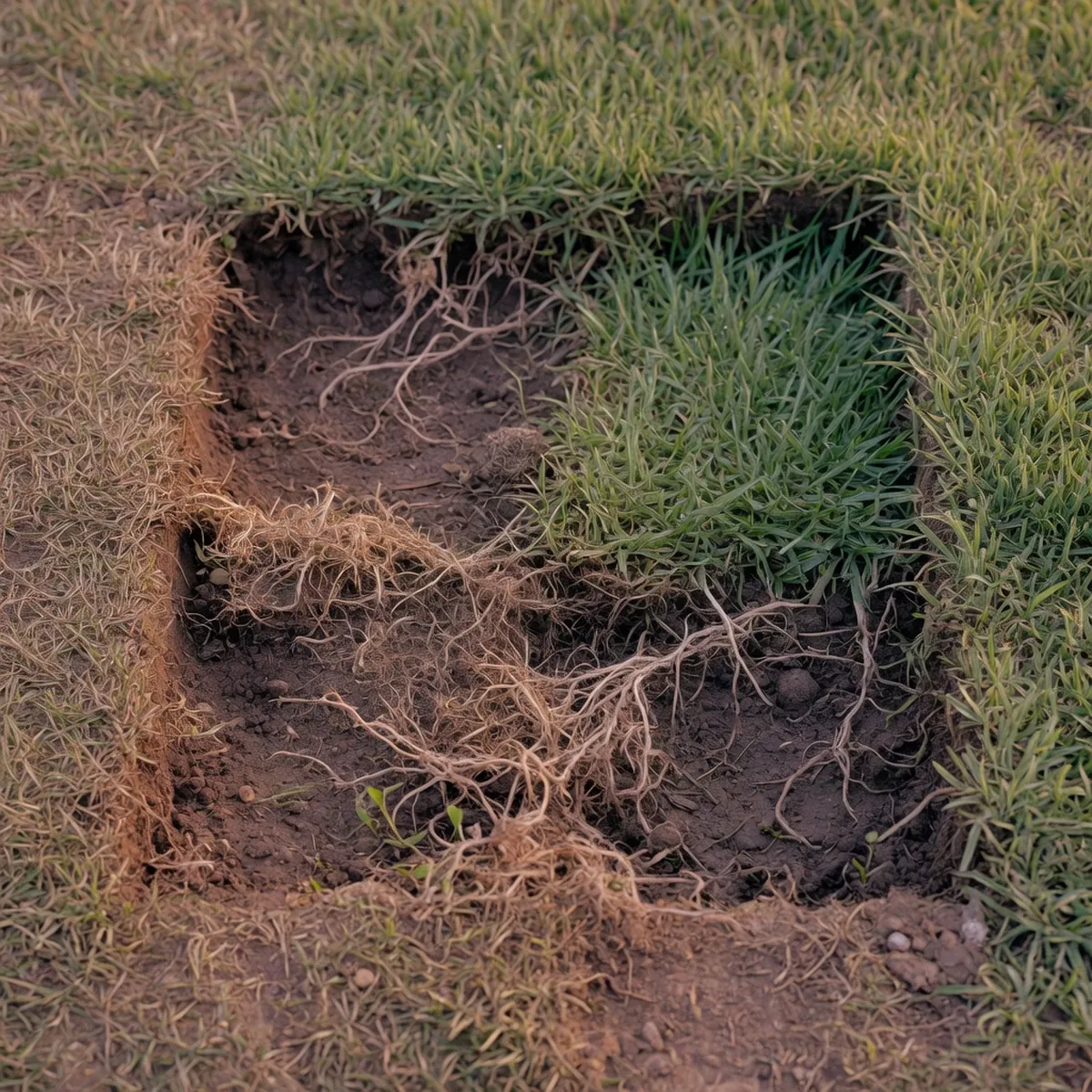 A patch of turf grass showing damaged brown roots and healthy green blades.