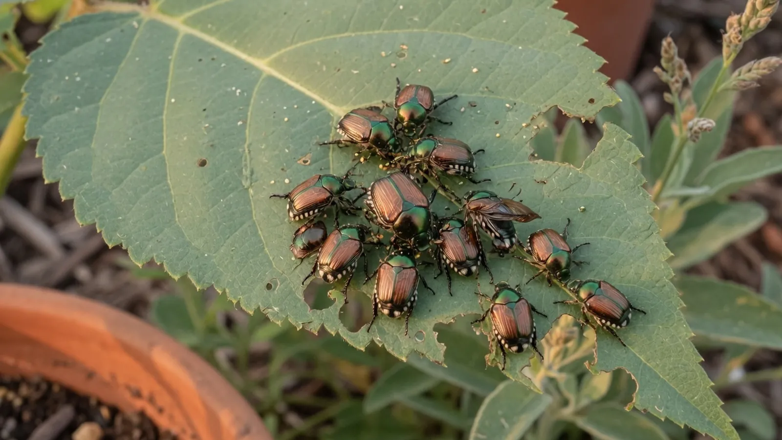 A group of Japanese beetles clustered on a green garden leaf.