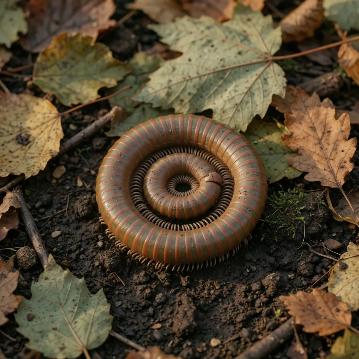 A curled millipede resting on dark, damp soil among decaying leaves.