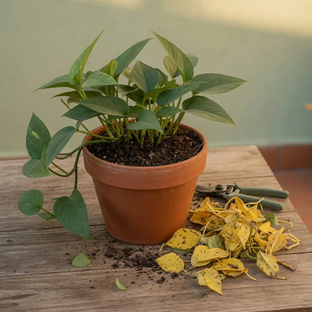A healthy potted houseplant with clean soil and a pile of removed dead leaves beside it.