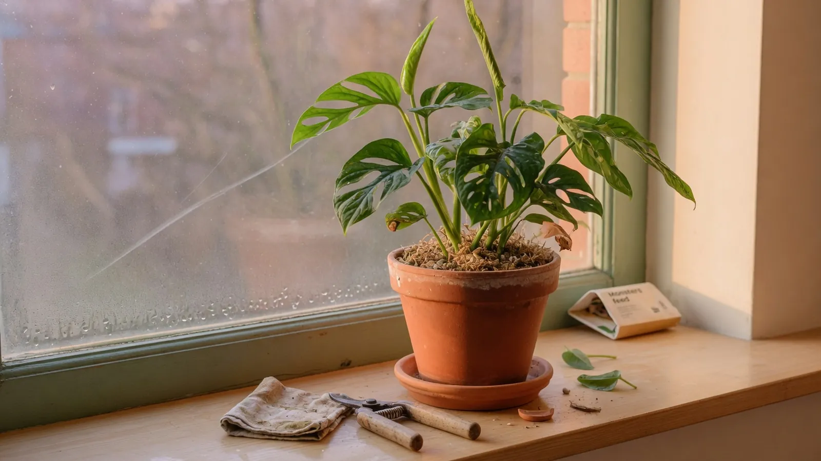 A potted houseplant with healthy green foliage sitting on a clean indoor windowsill.