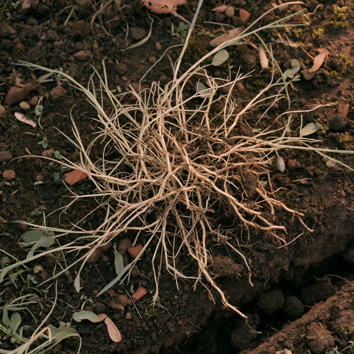 A dense, tangled mat of creeping quackgrass rhizomes exposed in dark garden soil.