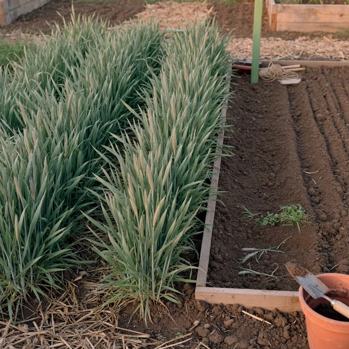 A patch of healthy winter rye growing densely alongside a cleared garden bed.