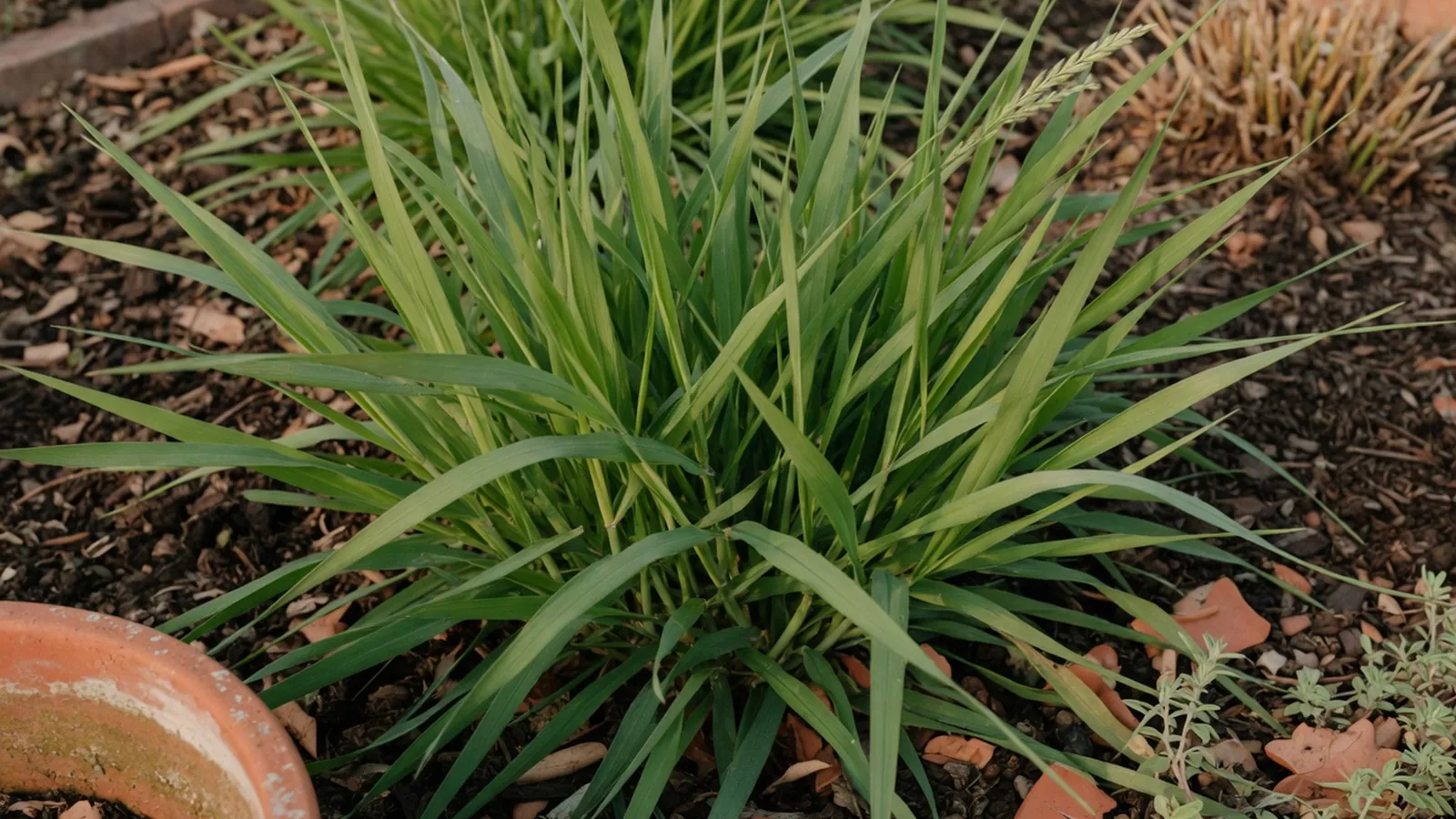 Vibrant green quackgrass blades growing thickly in a garden bed with morning dew on the leaves.