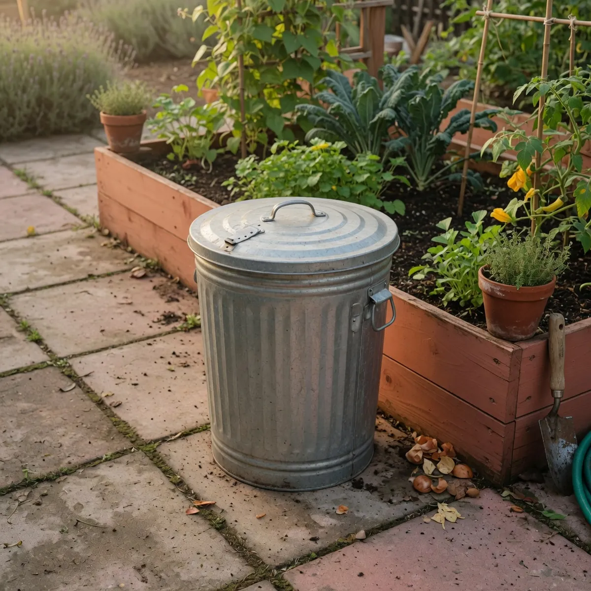 A secure metal trash bin placed next to a vegetable garden bed.
