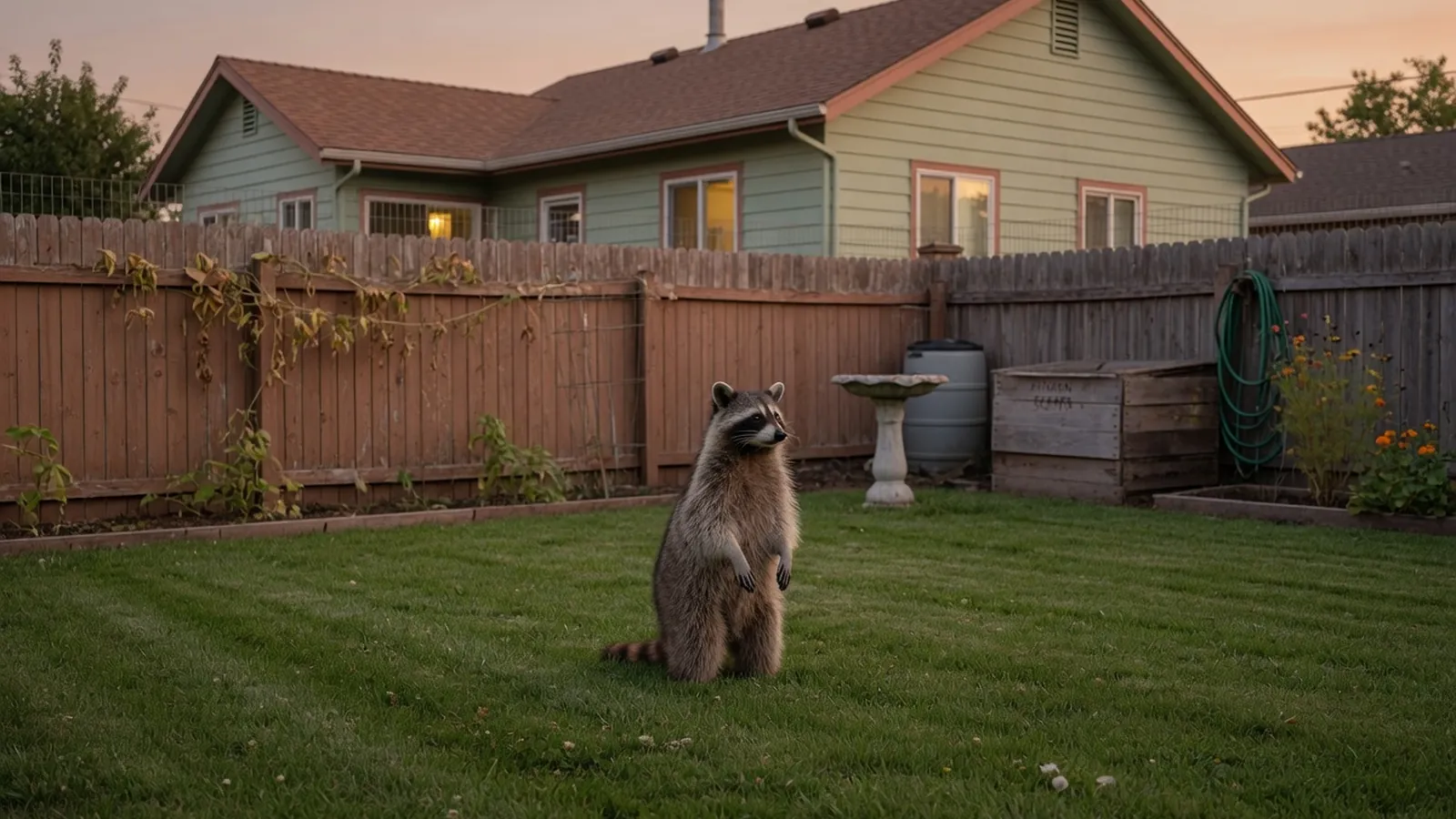 A raccoon standing on a suburban lawn at dusk near a garden fence.