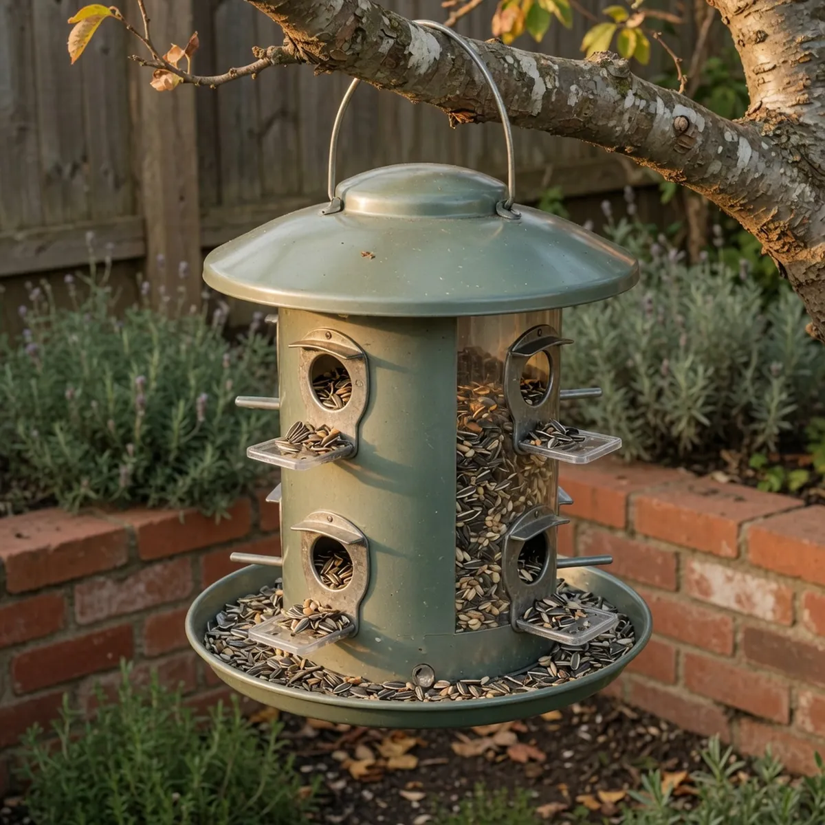 A metal squirrel-proof bird feeder hanging from a sturdy tree branch.